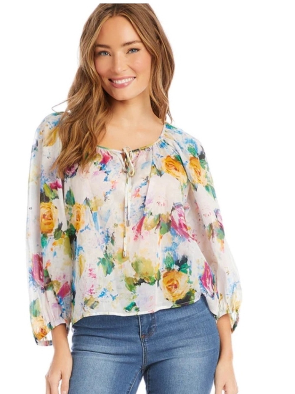 Karen Kane NWT S White Floral MULTICOLOR BRIGHT Peasant sheer beachy top